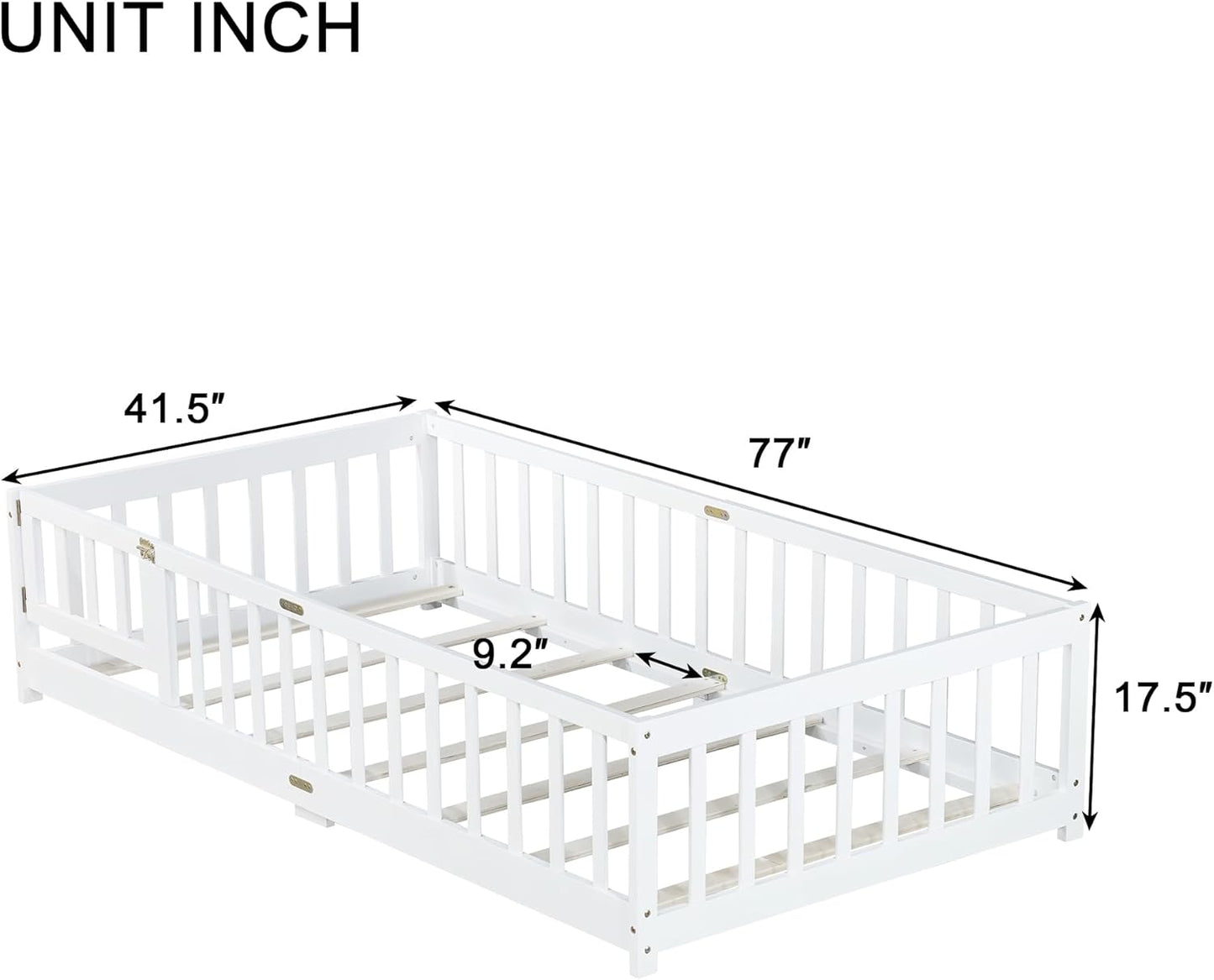 Twin Floor Bed with Slats and Center Support Bar, Wood Montessori Floor Bed with Fence and Door, Kids Montessori Bed Twin Size, Twin Size Montessori Floor Bed for Kids, Girls, Boys(Twin White)