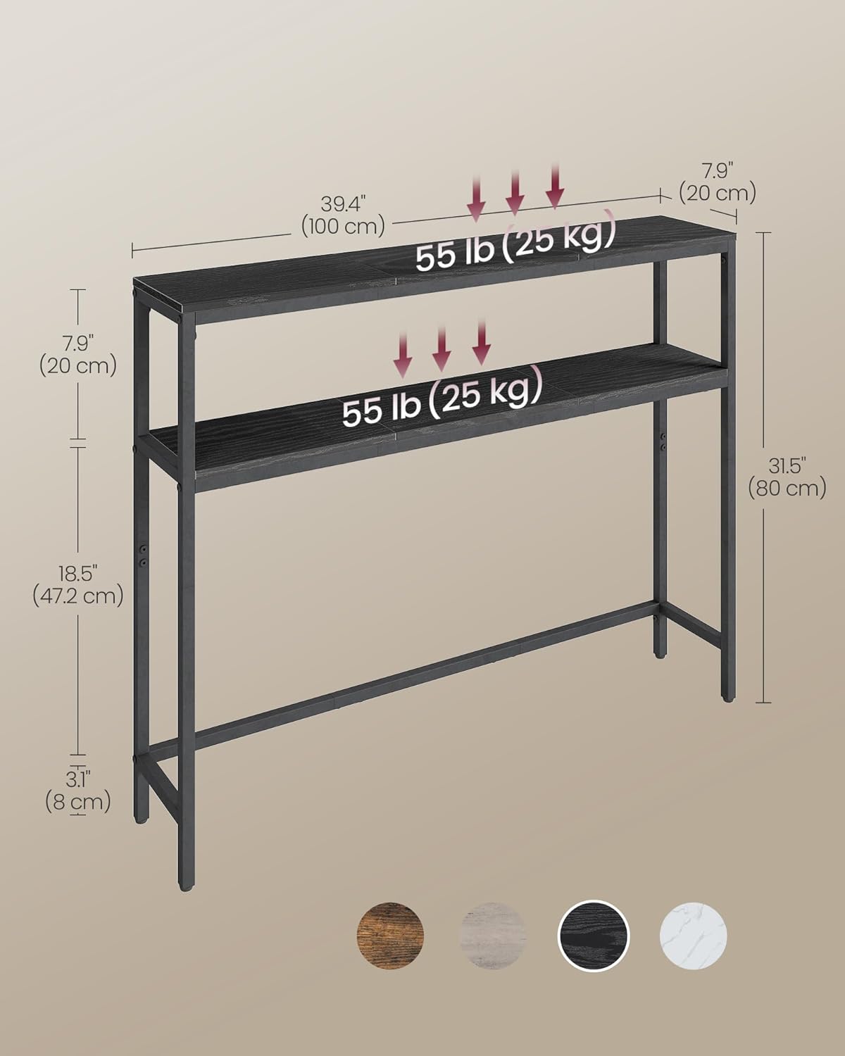 VASAGLE Console Table, 2-Tier Narrow Sofa Table with 2 Shelves, 7.9 x 39.4 x 31.5 Inches, for Living Room, Hallway, Entryway, Charcoal Gray and Ink Black ULNT131B22V1