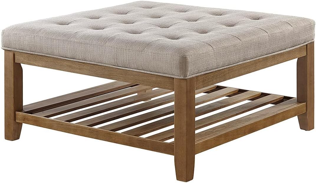24KF Large Square Upholstered Tufted Linen Ottoman Coffee Table, Large Footrest Ottoman with Solid Wood Shelf-Linen