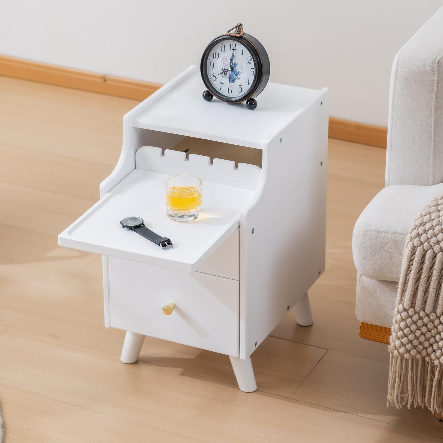 Small Nightstand, Narrow Nightstand, Solid Wood Night Stand, Narrow Side Table for Small Spaces, Couch, White Color 11.81 in Wide