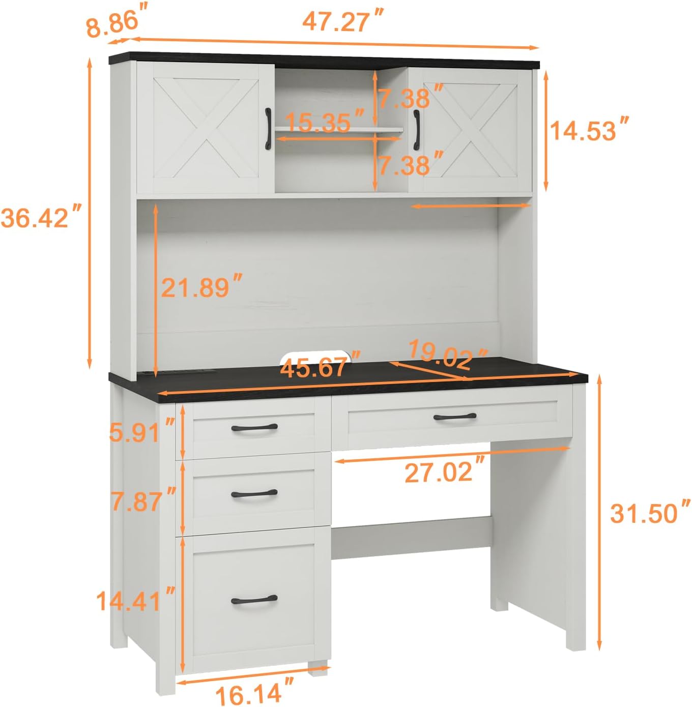 Farmhouse 67" H Executive Desk with Hutch,Office Table with 4 Drawers and LED Light, Computer Desk with Storage Cabinet & File Drawers and Charging Station, Wood Workstation for Home Office,Study
