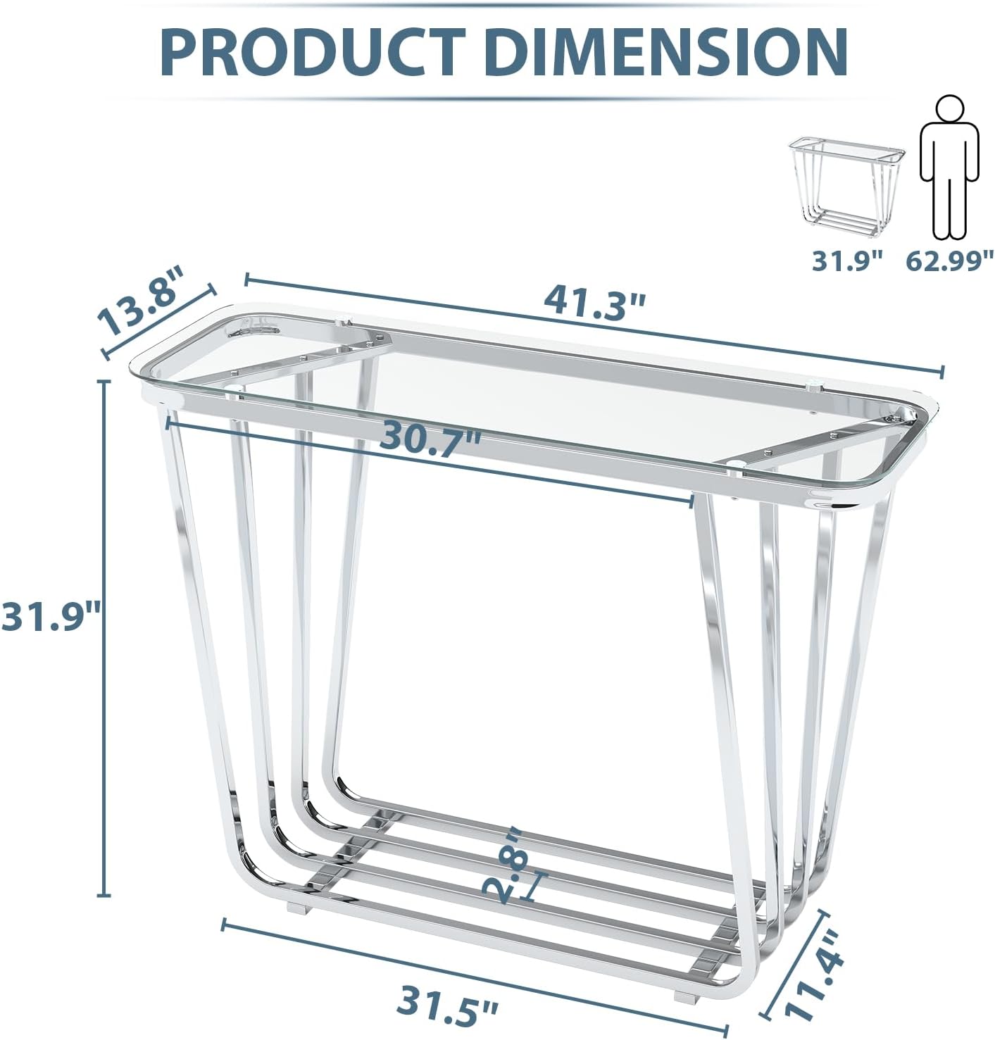 OIOG Glass Console Table for Entryway, Modern Entrance Table with Tempered Glass & Chrome Frame, Silver Sofa Table for Living Room Hallway