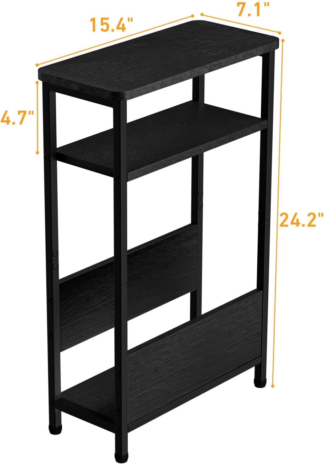 7.1" Narrow Side Table for Small Spaces, 3 Tier Small End Table with Magazine Holder, Slim/Skinny Nightstand/Bedside Table for Living Room, Bedroom, 15.4" L x 24.2" H, Black