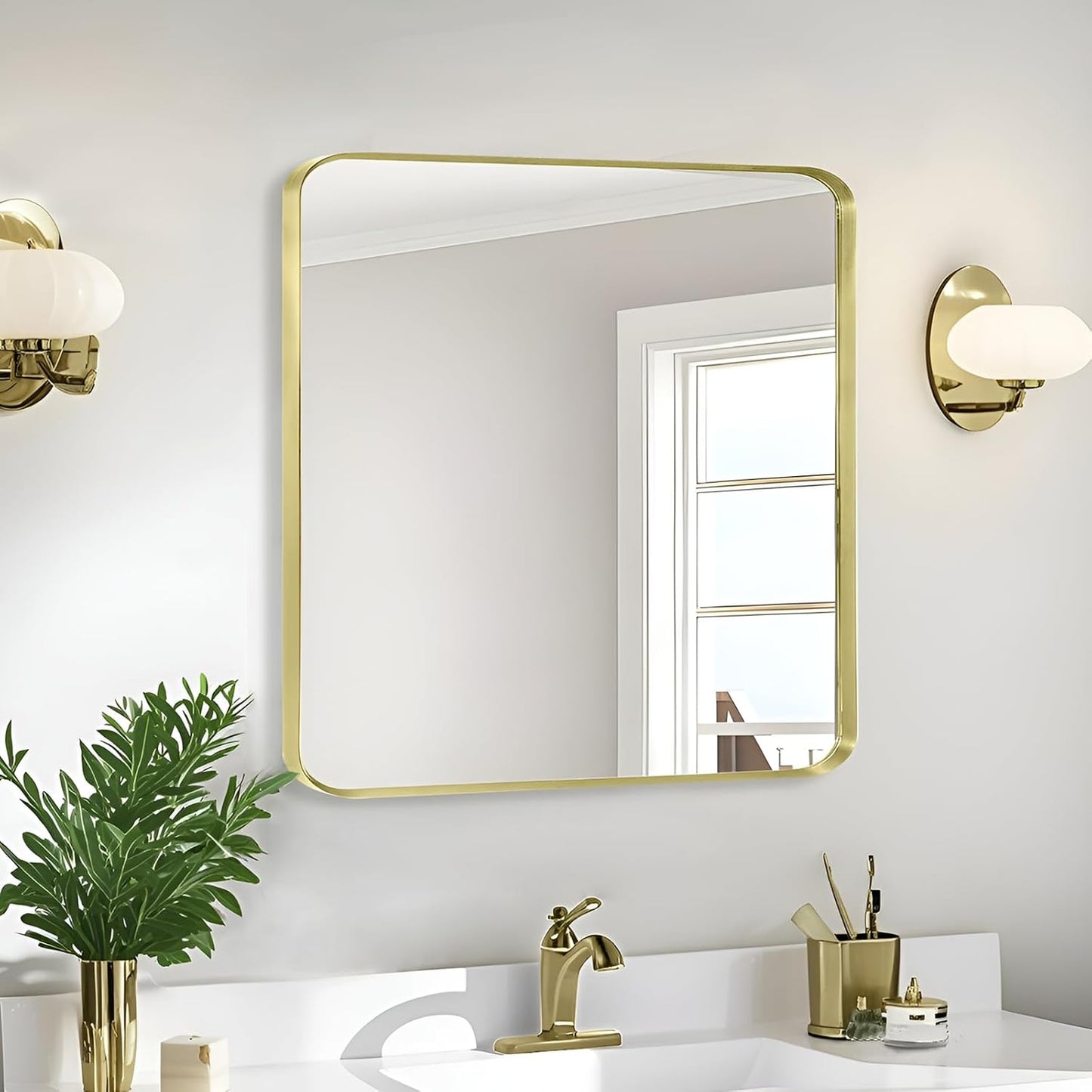 Wall Mount Mirror for Bathroom, Brushed Gold Metal Framed Rounded Corner Square Rectangular Vanity Mirror (30" x 30", Gold)