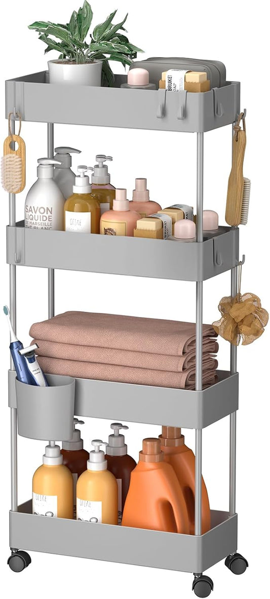 Pipishell Slim Storage Cart with Wheels, 4 Tier Bathroom Storage Organizer Rolling Utility Cart for Bathroom Kitchen Laundry Room Office Narrow Place (Gray)