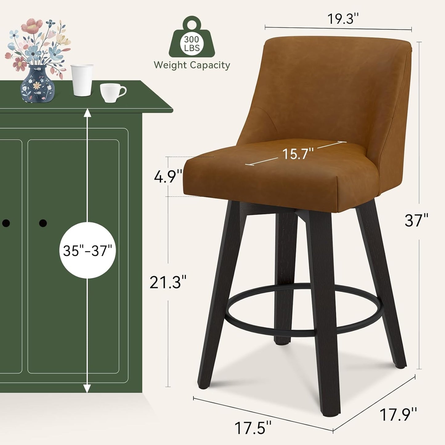 Vipbear Swivel Counter Height Bar Stools Set of 2,26.8" H Counter Stools with Back, Mid Century Modern Bar Stools for Kitchen Island,Faux Leather,Wooden Base, Brown