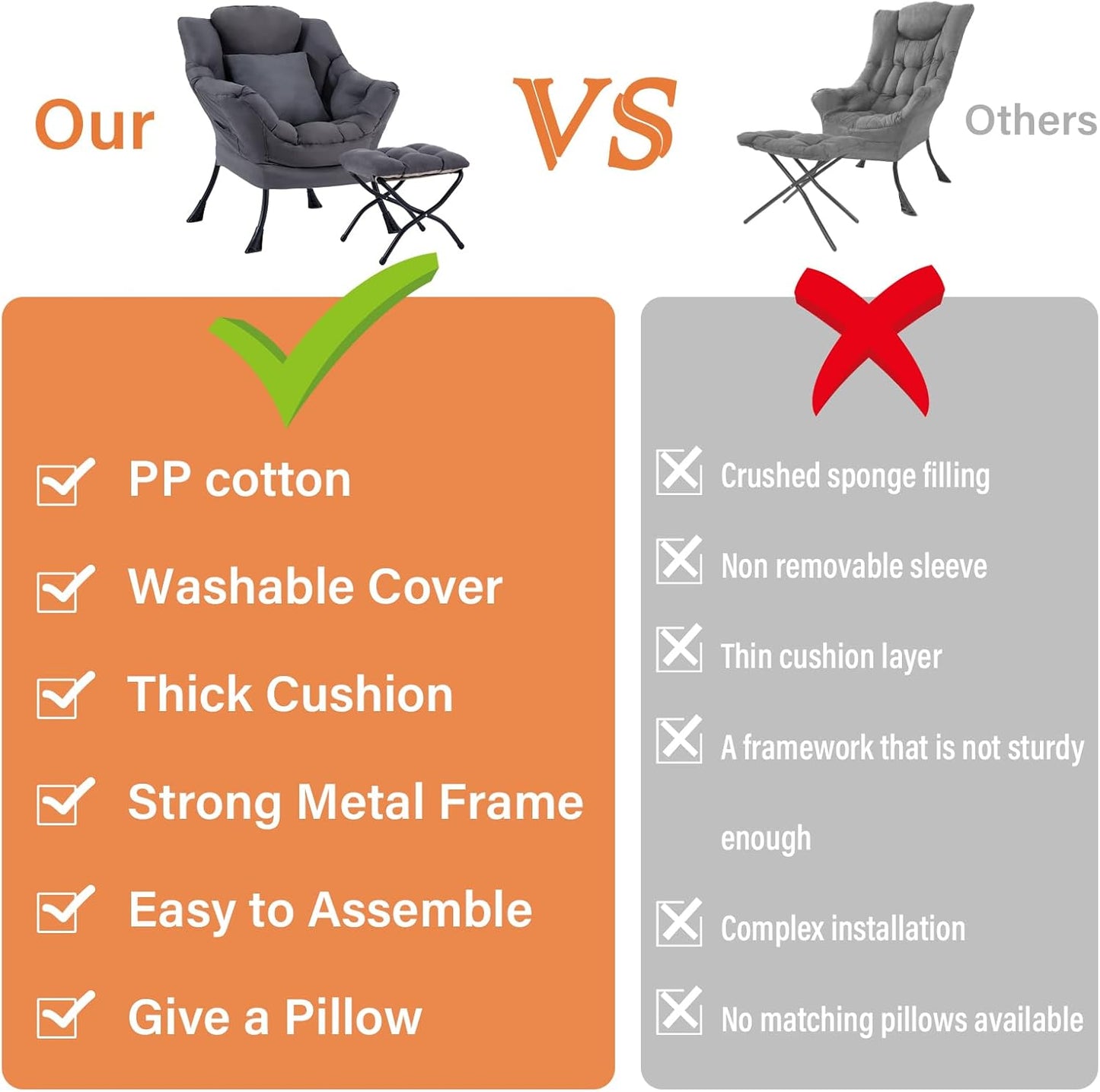 Large Lazy Chair with Ottoman, Accent Reading Chair with a Throw Pillow, Cozy Lounge Chair with Armrest, Leisure Sofa Chair for Living Room, Bedroom, Dorm, Dark Grey