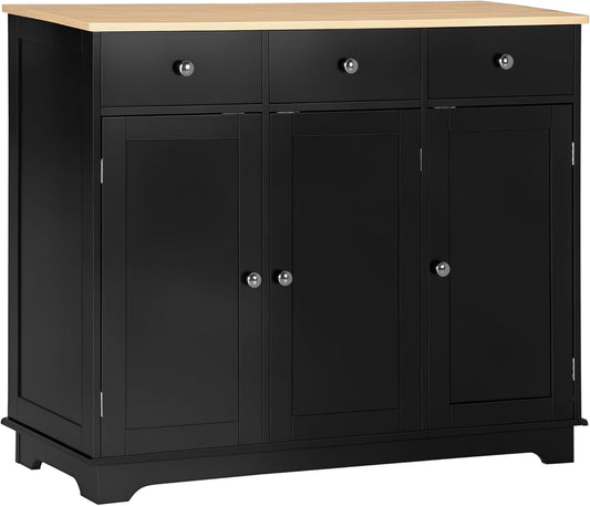 HOMCOM Sideboard with Solid Wood Countertop, Modern Kitchen Storage Cabinet, Coffee Bar Cabinet with 3 Drawers, Doors and Adjustable Shelf, Black