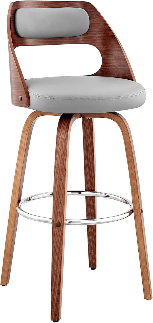 Armen Living Julius Mid Century Modern Swivel Bar Stool for Kitchen Island Counter in Gray Faux Leather and Walnut Wood, 26" Seat Height