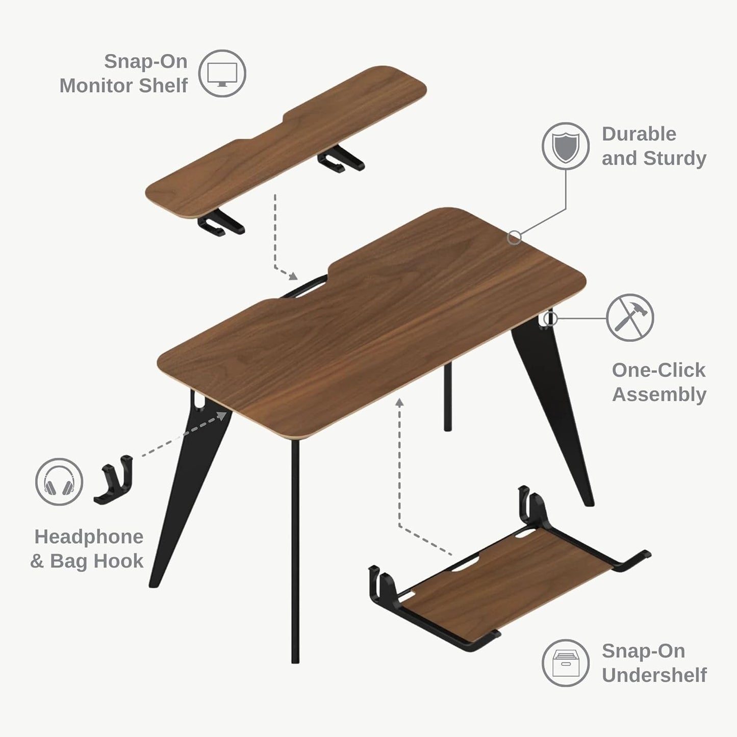HOEK Student Desk Bundle, 47.5" x 23", Collapsible Study Desk with Monitor Shelf, Under Shelf and Hook, Space-Saving Dorm or Small Study Desk for Back to School and Home Learning (Walnut/Black)