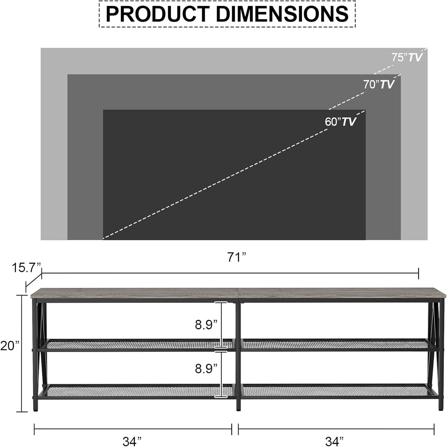 TV Stand for TVs up to 75 Inch, 70" Long Industrial TV Console Table with 3-Tier Storage Shelves, Entertainment Center for Living Room, Bedroom (Gray)