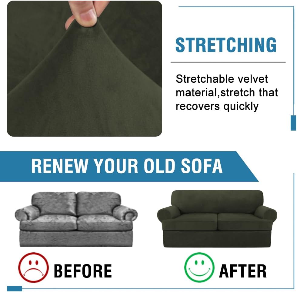 H.VERSAILTEX Sofa Cover 3 Piece T Cushion Sofa Slipcovers Thick Velvet Couch Cover Stretch T Cushion Sofa Covers for 2 Cushion Couch with 2 Individual T Cushion Covers, Olive