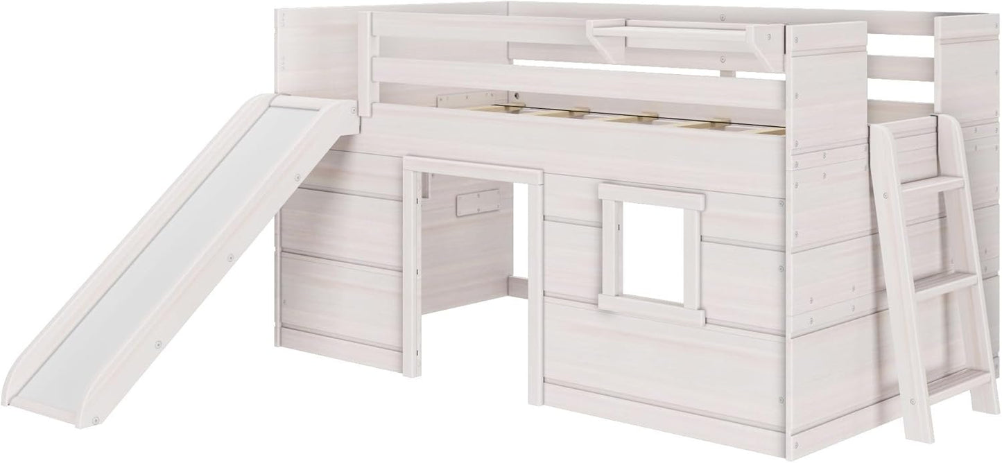 Max & Lily Loft Bed Twin Size, Solid Wood Low Loft Bed with Slide and Ladder, Modern Farmhouse Loft Bed for Kids, White Wash