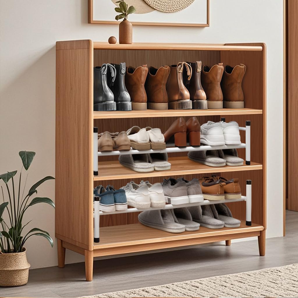 STORAGE MANIAC Expandable Shoe Rack, 4 Pairs Stackable Small Shoe Rack, Metal Adjustable Shoes Organizer for Closet, Entryway, Hallway, Garage, Front Door, Shoes Shelves, White 1 Tier