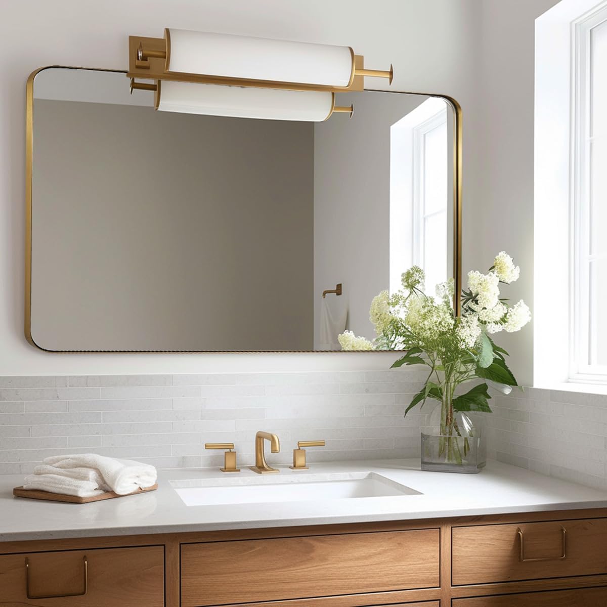 ANDY STAR Gold Bathroom Mirrors for Over Sink, 24x48 InchBrushed Gold Wall Mirror, Square Metal Framed Vanity Mirror -Modern Clean Design with Superior Stainless Steel Frame