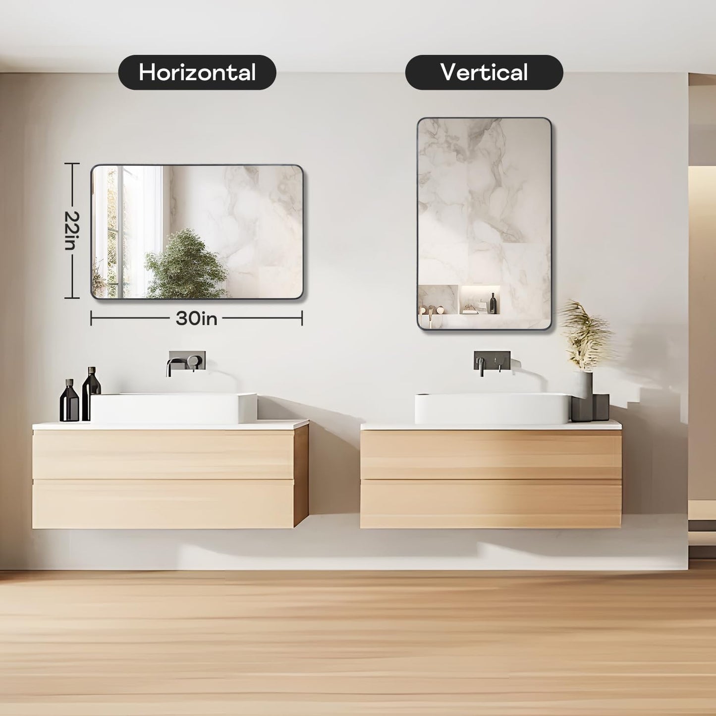 Wall Mount Mirror for Bathroom, Brushed Black Metal Framed Rounded Corner Rectangular Vanity Mirror, Tempered Glass, Anti-Rust, Hangs Horizontally or Vertically (22" x 30", Black)