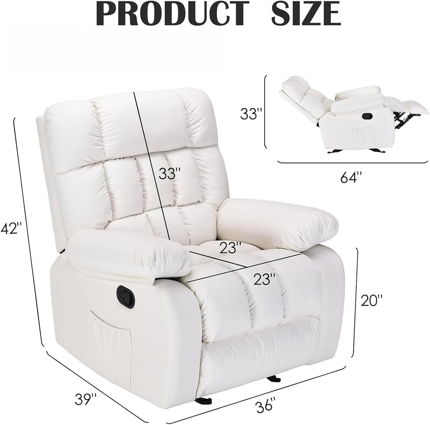 Oversized Recliner Chair, Leather Recliner Adjustable with Side Pockets, Living Room Reclining Lounge Chair for Adults, Small Spaces Comfy Sofa with Theater Seating for Bedroom, Movie,White