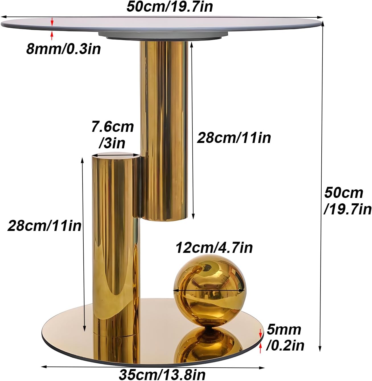 White Gold Round Side Table, 19.7" Faux Marble Sofa End Table, Modern Nightstand, Small Accent Table with Stainless Steel Ball/Cylindrical Frame, for Living Bedroom Office (Gold, 50cm/19.7")