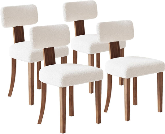 Mid-Century Dining Chair Set of 4, Upholstered Sherpa Seats with Ergonomic Curved Back and Adjustable Legs for Dining Room, Bedroom, Kitchen, White Sherpa