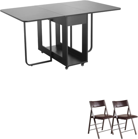 Folding table and chair set, dining table with extra large storage space and 4 universal wheels, matched with padded steel frame folding chairs, space-saving dining table and 2 chairs (Brown)