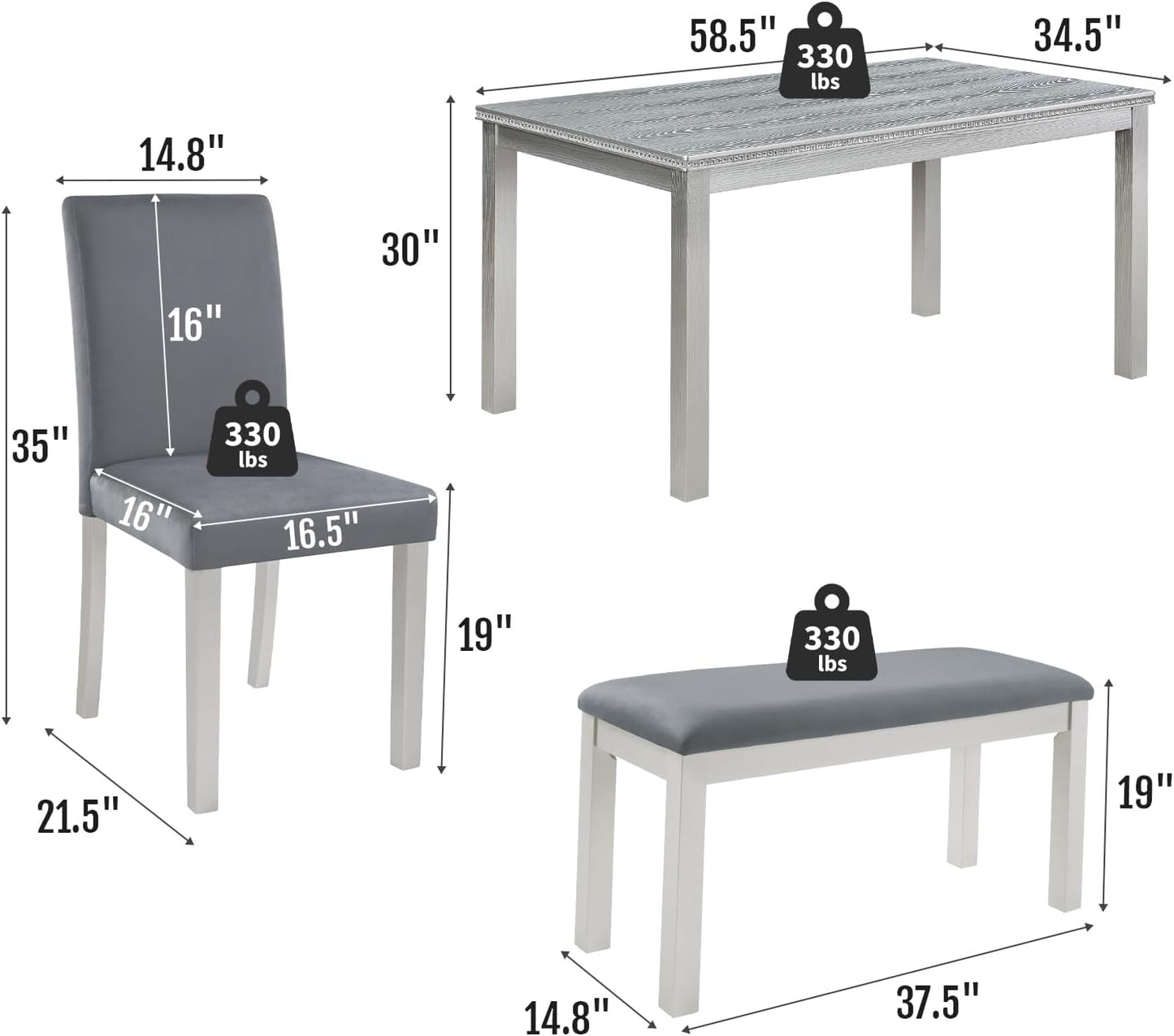 6-Piece Solid Wood Dining Table Set, Including 1 Dining Table, 4 Upholstered Chairs and 1 Bench, Wooden Dining Table Set with Crystal Decoration for Kitchen, Dining Room, Silver Grey
