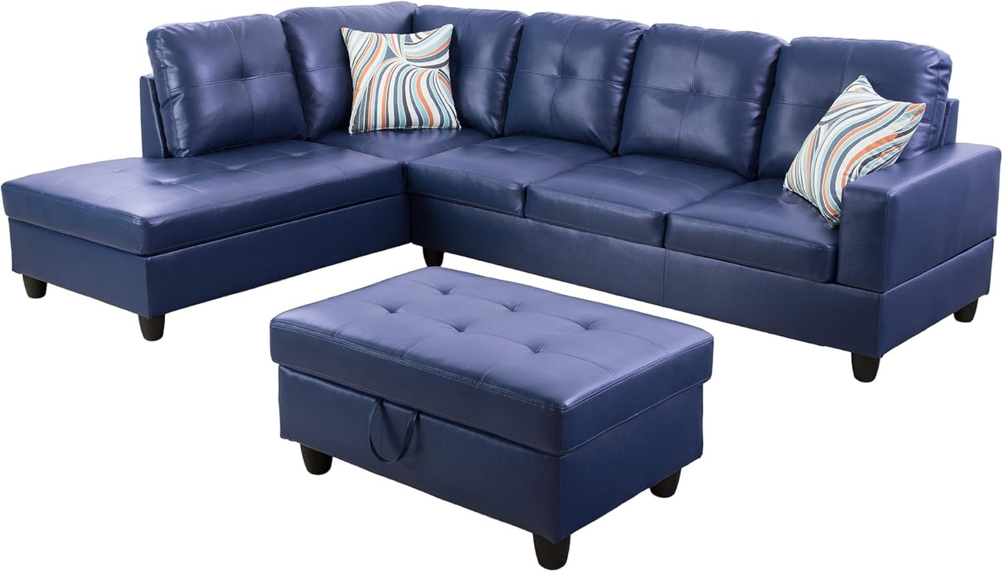 L Shaped Couch PU Leather Sectional Couch Upholstered 3 Pieces Sofas for Living Room with Chaise, Storage Ottoman for Office and Small Apartment, Blue