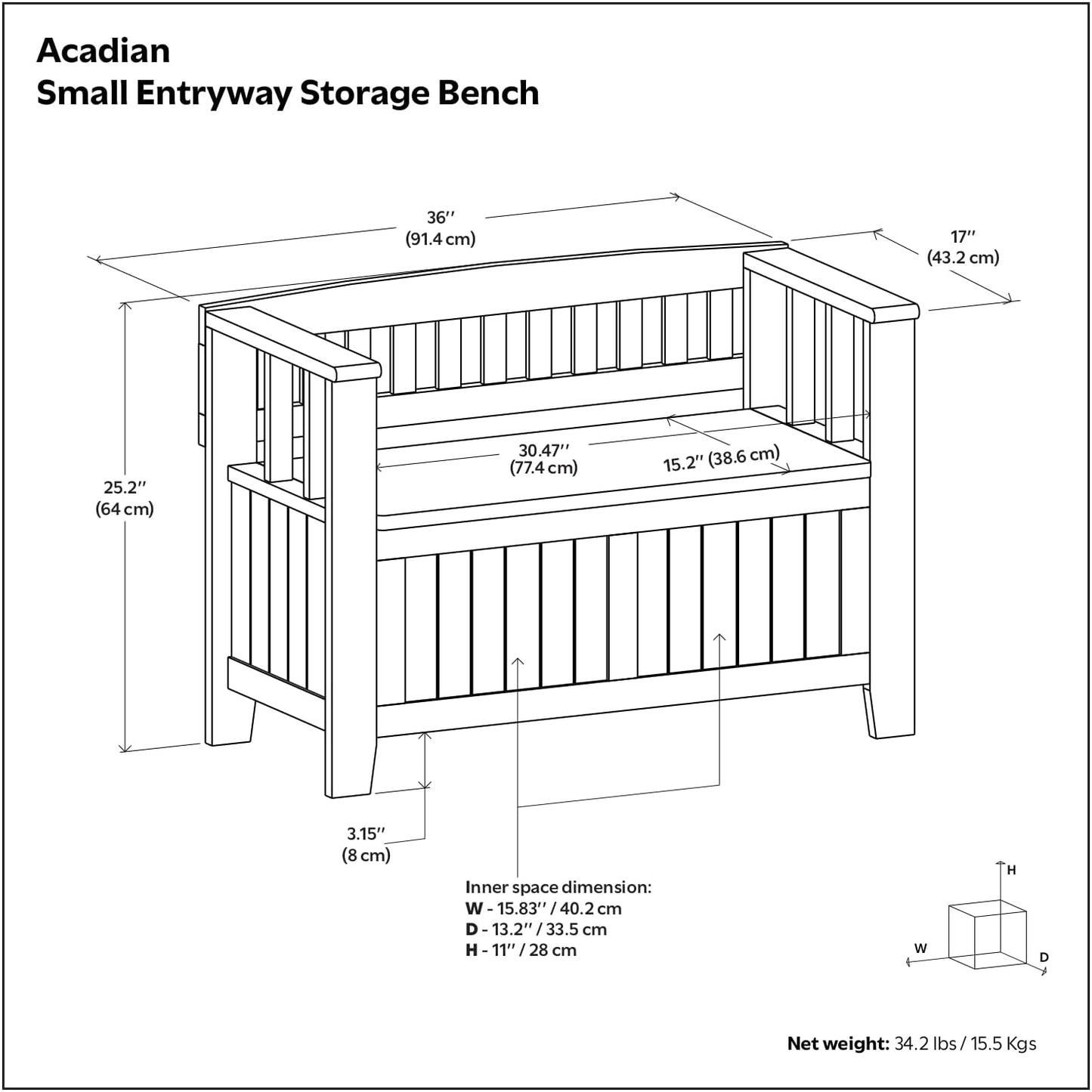 SIMPLIHOME Acadian Entryway Storage Bench - 36 inch Wide Solid Wood Small Hallway Seat in Black, Transitional Bench for Mudroom or Entryway with Lift-Up Lid, 2 Compartments and Slatted Backrest