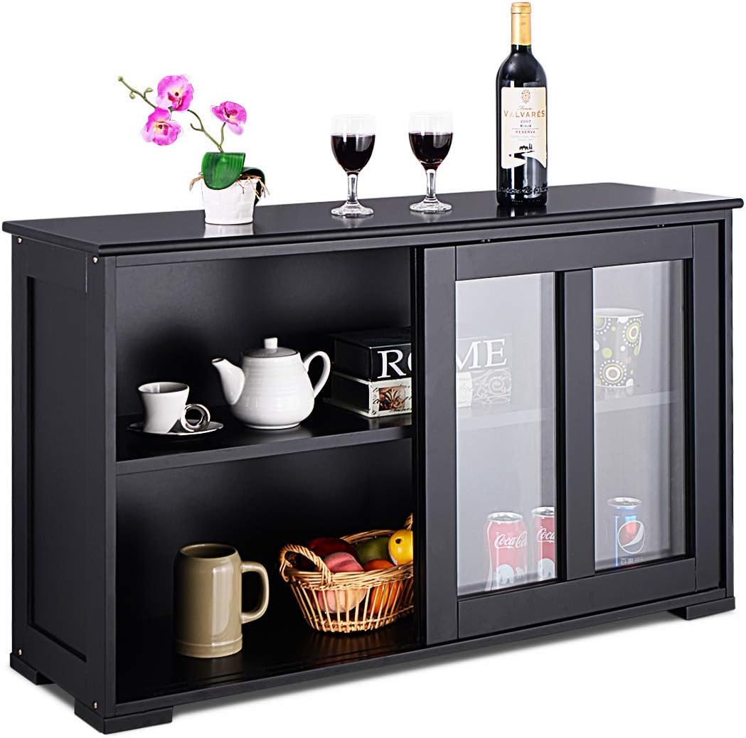 Costzon Kitchen Storage Sideboard, Antique Stackable Cabinet for Home Cupboard Buffet Dining Room (Black Sideboard with Sliding Door Window)