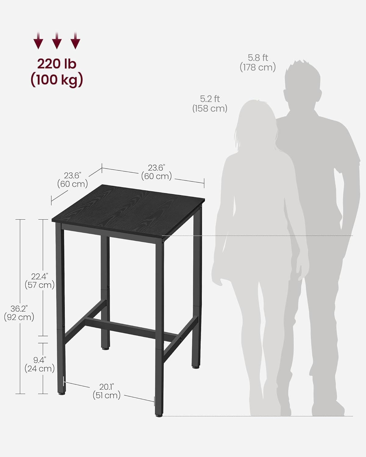 VASAGLE Bar Table, Small Kitchen Dining Table, High Top Pub Table, Height Cocktail Table for Living Room Party, Sturdy Metal Frame, 23.6 x 23.6 x 36.2 Inches for Narrow Spaces, Ebony Black and Black