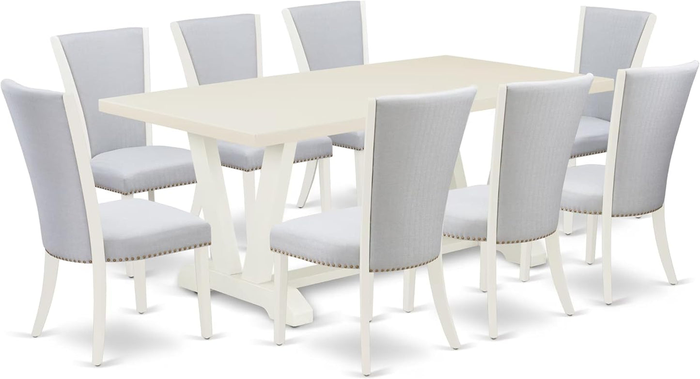 East West Furniture V027VE005-9 9 Piece Kitchen Table Set Includes a Rectangle Dining Table with V-Legs and 8 Grey Linen Fabric Parsons Dining Chairs, 40x72 Inch, Multi-Color