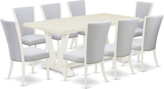East West Furniture V027VE005-9 9 Piece Kitchen Table Set Includes a Rectangle Dining Table with V-Legs and 8 Grey Linen Fabric Parsons Dining Chairs, 40x72 Inch, Multi-Color