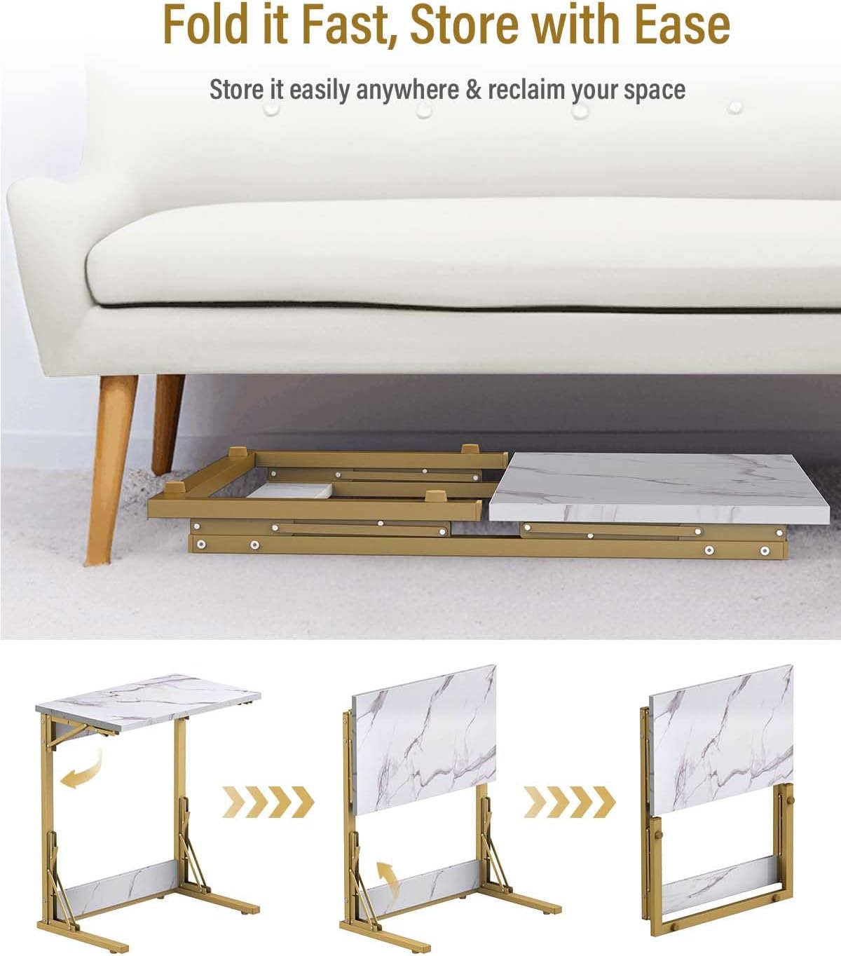 Tatub 24" Folding TV Tray Table, Marble C Shaped End Table for Couch, Small Sofa-Side Laptop Desk with Gold Metal Frame for Living Room, Bedroom, Bedside