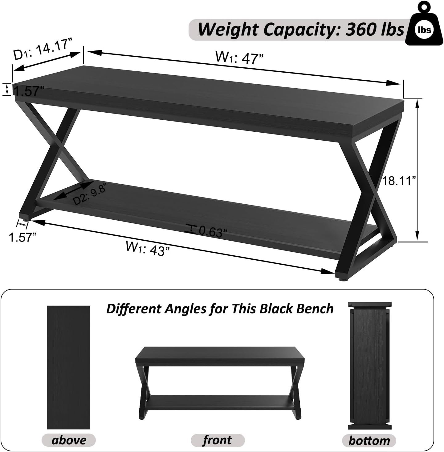 IBF Black Bench, Modern Entryway Bench for Bedroom, Wood Metal Storage Hallway Bench for Dining Living Room, Farmhouse Shoe Rack Indoor Accent Seating Bench for Foyer Entrance, Black Oak, 47 Inch Long