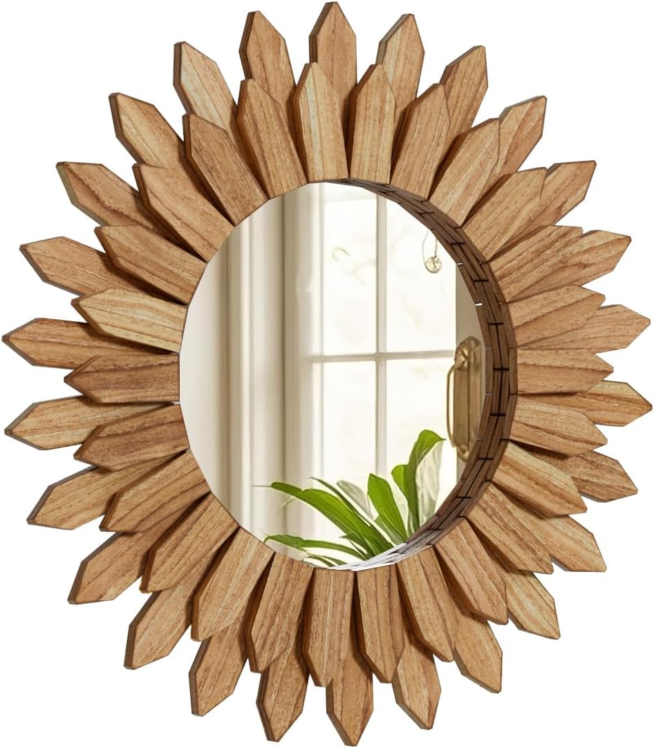 20 Inch Brown Boho Wall Decor Sunburst Mirror - Round Wooden Wall Decor, Handmade Rustic Circular Mirror for Living Room, Bedroom, Entryway, Office
