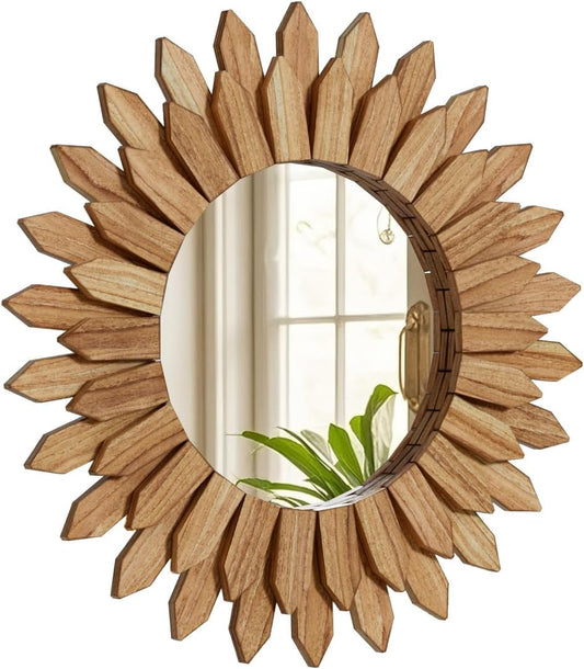 20 Inch Brown Boho Wall Decor Sunburst Mirror - Round Wooden Wall Decor, Handmade Rustic Circular Mirror for Living Room, Bedroom, Entryway, Office