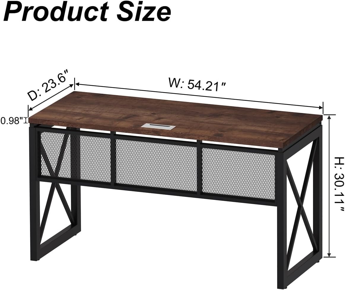 BON AUGURE Farmhouse Computer Desk, Modern Industrial Home Office Desks, Wood Metal Study Writing Table, Sturdy Gaming Desk (Rustic Oak, 54 Inch)