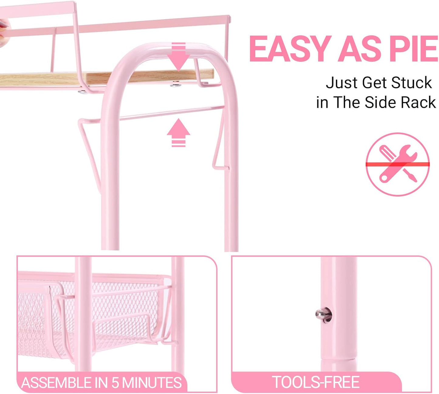 KINGRACK 4-Tier Slim Rolling Cart with Wooden Tabletop, Easy Assemble Metal Utility Cart, Slide Out Narrow Storage Cart for Narrow Space on Bedroom Bathroom Laundry Room Apartments Dormitory, Pink