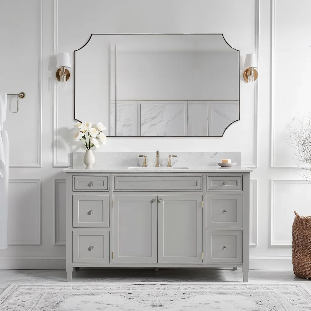 ANDY STAR Brushed Nickel Mirror 30x48 Inch, Large Scalloped Bathroom Mirror, Anti-Rust Stainless Steel Metal Thin Frame Deep 1’’, Unique Rectangle Mirror Hangs Vertically or Horizontally