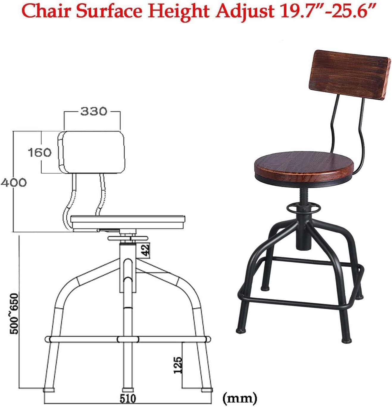 Topower Farmhouse Kitchen Stool, Industrial Counter Stool, Kitchen Deco Round Seat Standard Height Adjustable Swivel Bar Stools with Backrest Indoor House Design Wood Backrest Black Set of 2