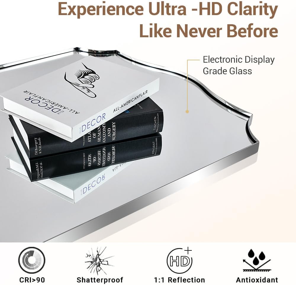 ANDY STAR Chrome Mirror 24x36, Polished Silver Bathroom Mirror, Modern Wavy Mirror with Sophisticated Curved Design, SUS304 Anti-Rust, 1’’ Deep Wall-Mounted Vertically/Horizontally