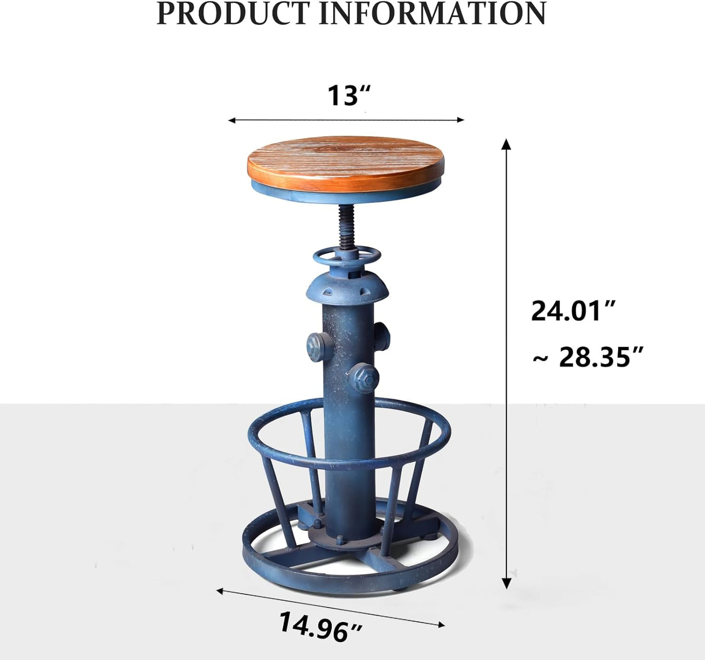 Topower Aged Steampunk Deco Industrial Round Bottom Adjustable Height Cafe Coffee Retro Vintage Fire Hydrant Design Pub Kitchen Counter Bar Stool (Antique Blue, Wooden Top)