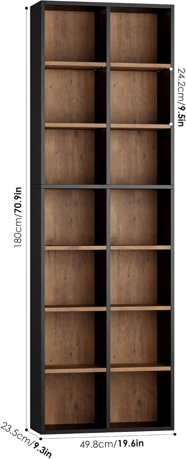 FOTOSOK 71'' Tall Bookshelf, Double Wide Media Tower Rack CD DVD Rack Display Cabinet with Adjustable Shelves, Tall Narrow Bookcase Bookshelf for Home Office, Black/Brown