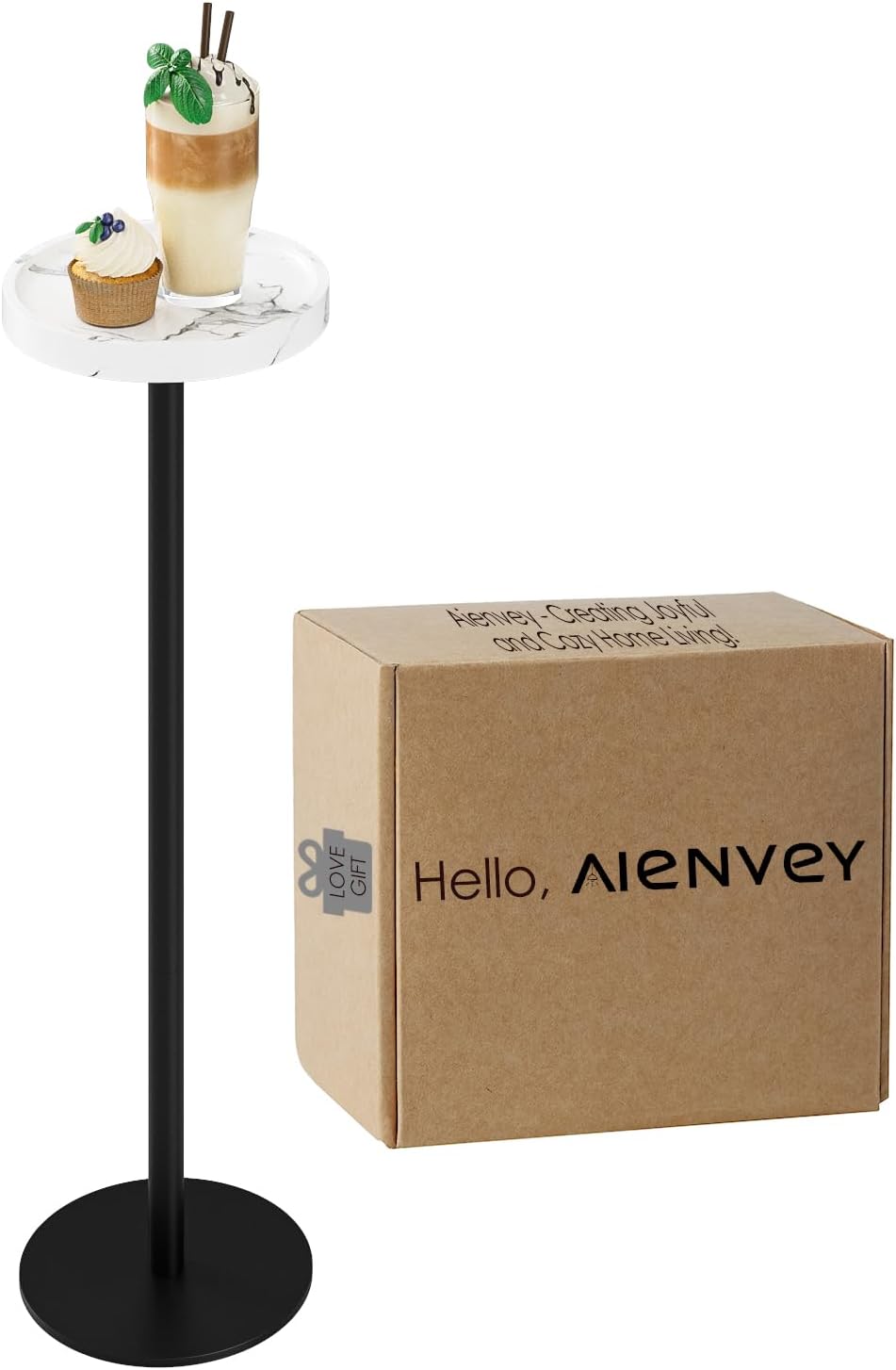 Drink Table, Small Pedestal Side Table, Round Cocktail Table, Circle Accent End Table with Metal Base, for Small Spaces (1, White Marble)