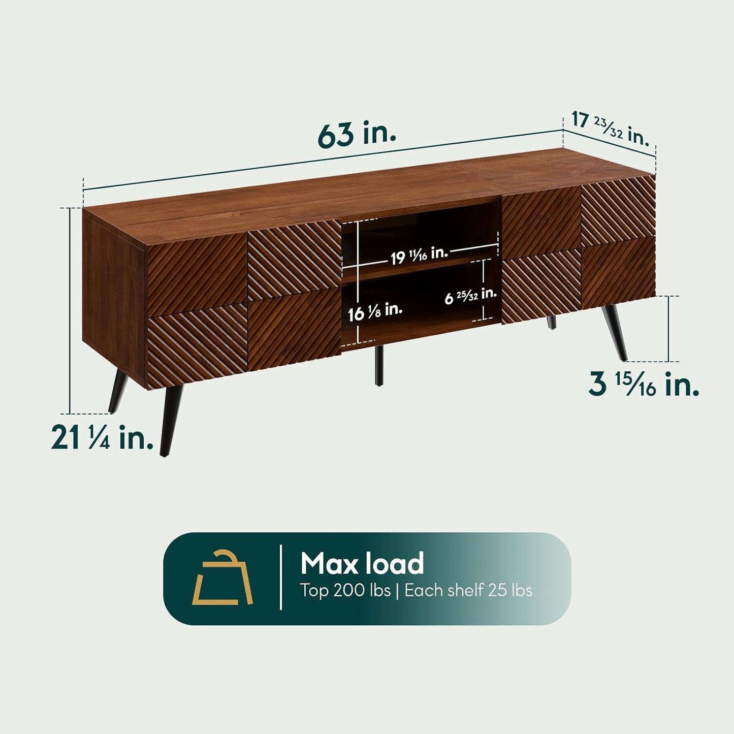 Bme Rhombus Wooden TV Stand with Storage Cabinets – Solid Acacia Wood, Geometric Rhombus Pattern Doors, Scandinavian Modern Entertainment Console with Metal Base