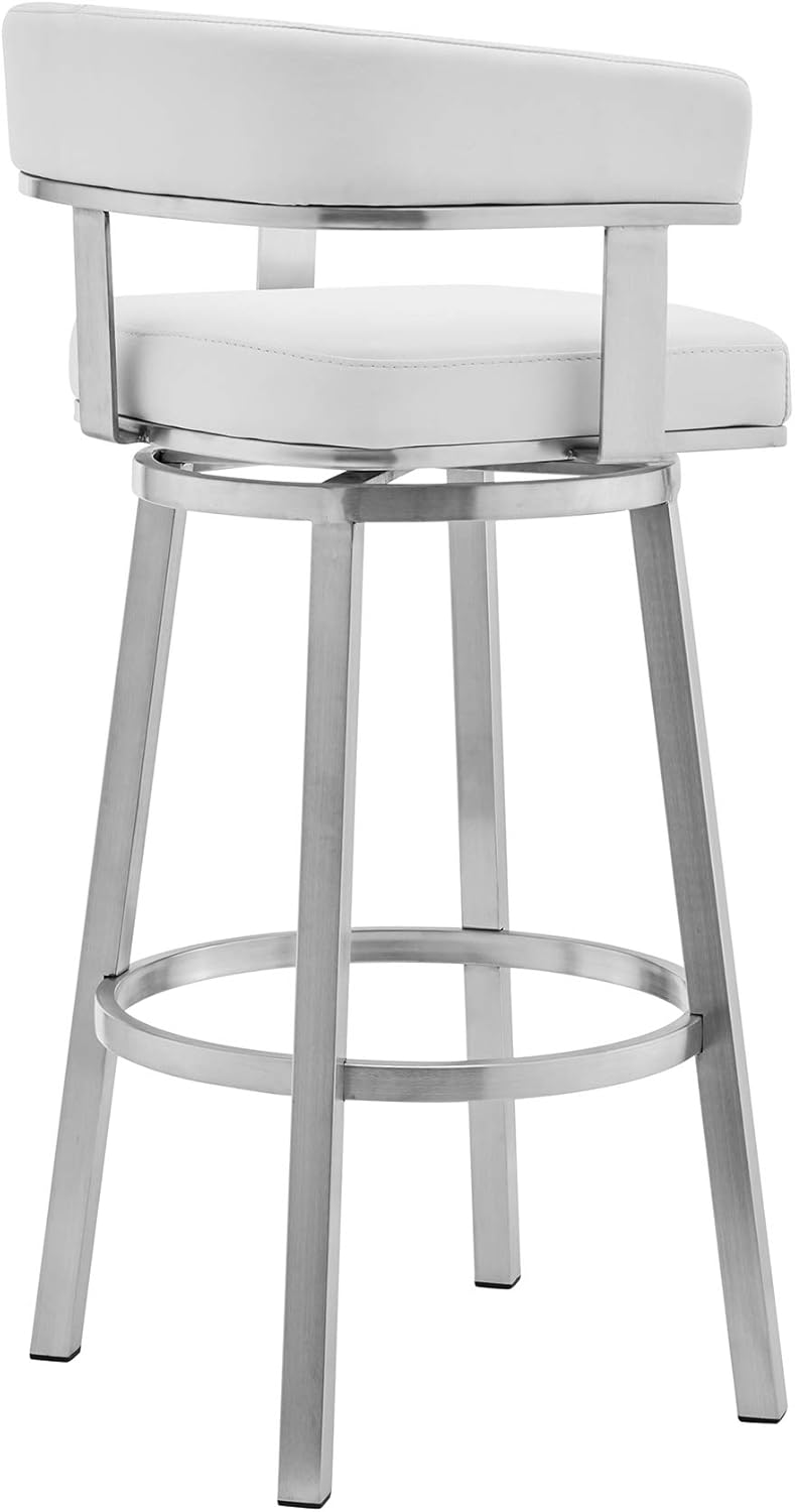 Armen Living Lorin Modern 30" Seat Height White Faux Leather and Brushed Stainless Steel Metal Swivel Bar Stool for Kitchen Island Counter