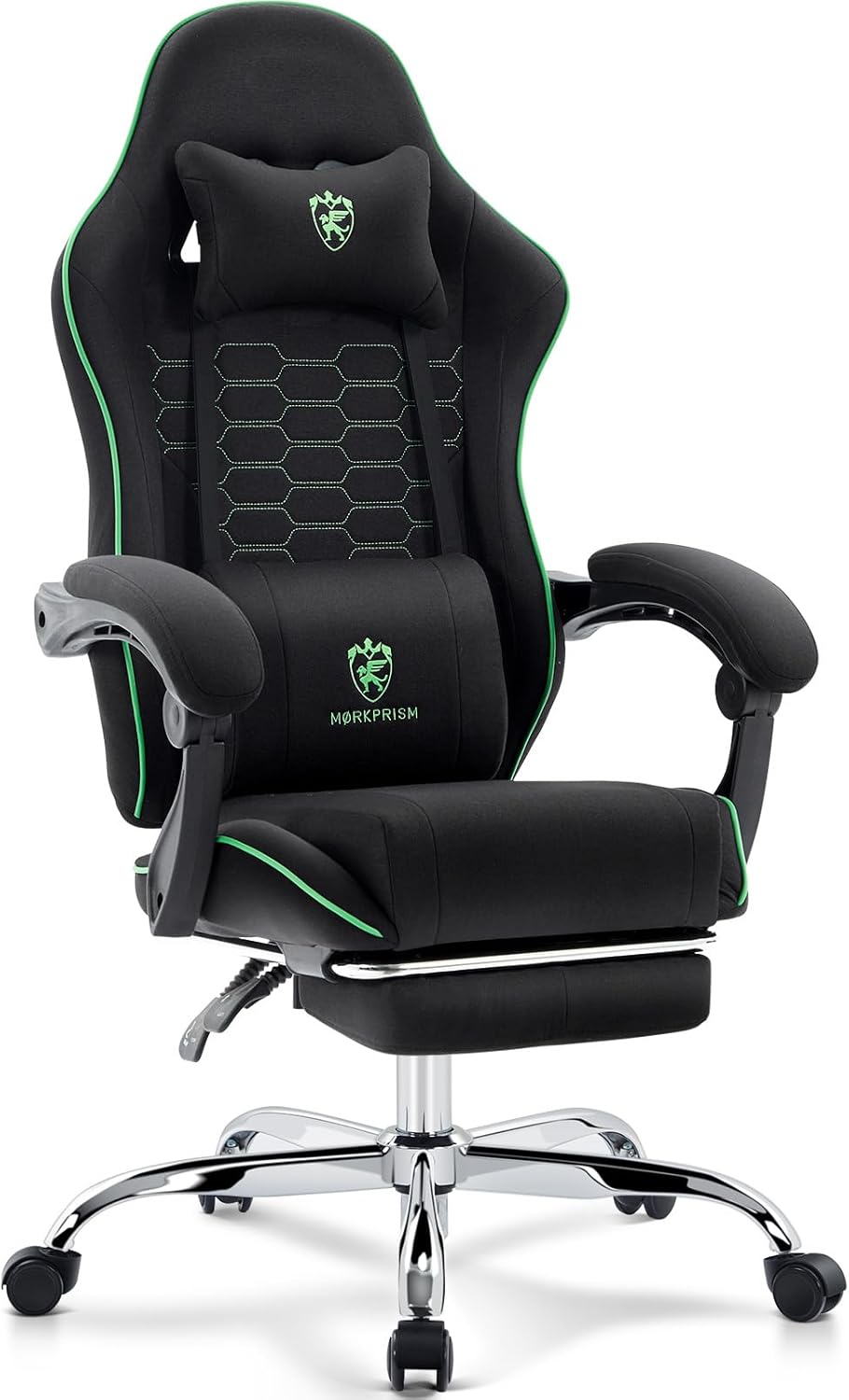 Gaming Chair Breathable Fabric,Computer Office Chair with Footrest,Massage Lumbar Support and Gel Pad,Ergonomic Reclining Adjustable Gamer Chair with Headrest and Spring Cushion Black Green