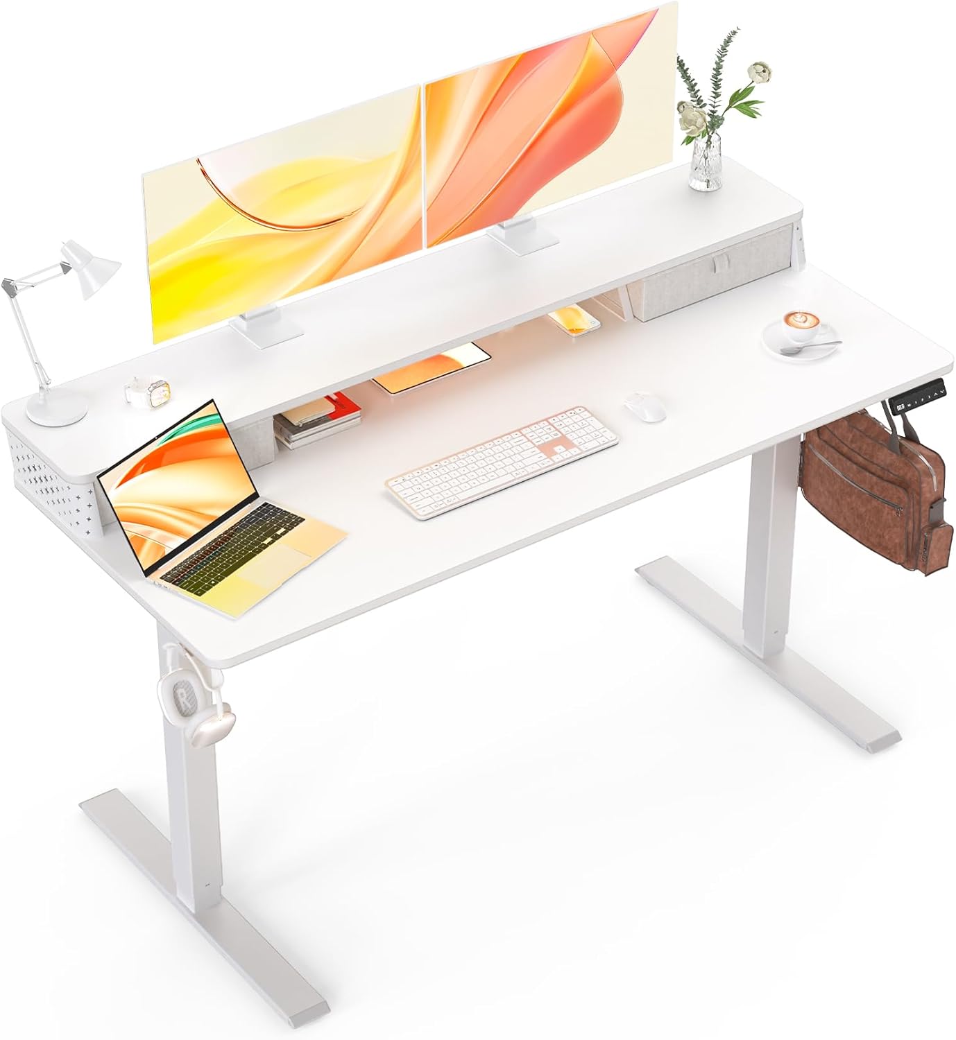 Standing Desk with Drawers and Brushless Motor,Electric Height Adjustable Desk for Walking Pad,Ergonomic Stand Up Desk for Home Office & Gaming,3 Memory Height Preset & Hooks(55" x 24",White)