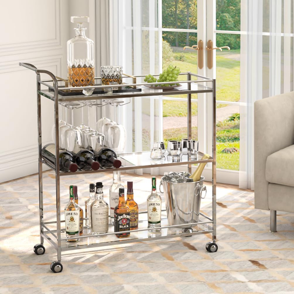 Bar Cart Silver, Home Bar Serving Cart, Modern Bar Cart with 3-Tier, Mobile Kitchen Shelf with Wine Rack and Glass Holder, Bar Carts for The Home, Dining Room, Living Room