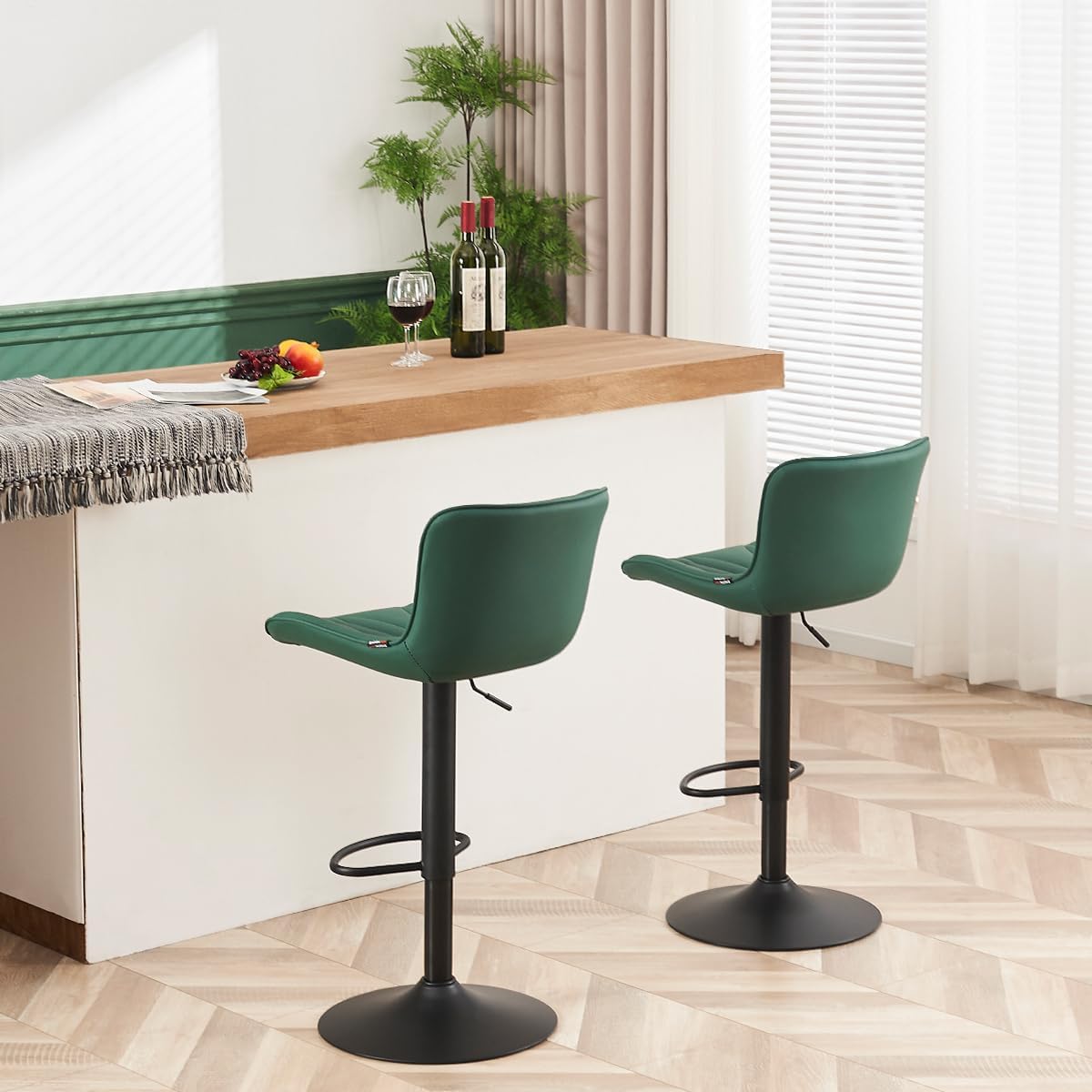 YOUNUOKE Bar Stools Set of 2, Counter Height Stools for Kitchen, 24 inch Swivel Barstools, Adjustable Island Chairs with Back, Dark Green