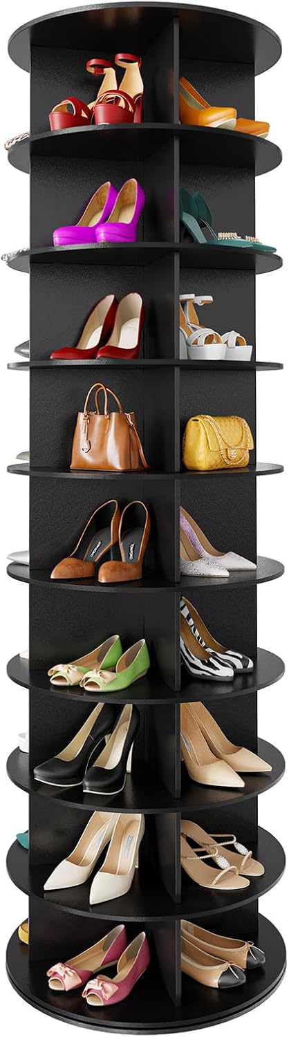 SpaceAid 9 Tier Rotating Shoe Rack Tower, Spinning Shoe Display Lazy Susan, Revolving 360 Shoe Rack Storage Round Carousel, Vertical Handbag Rotate Shoes Closet Organization (9-Tier Black)